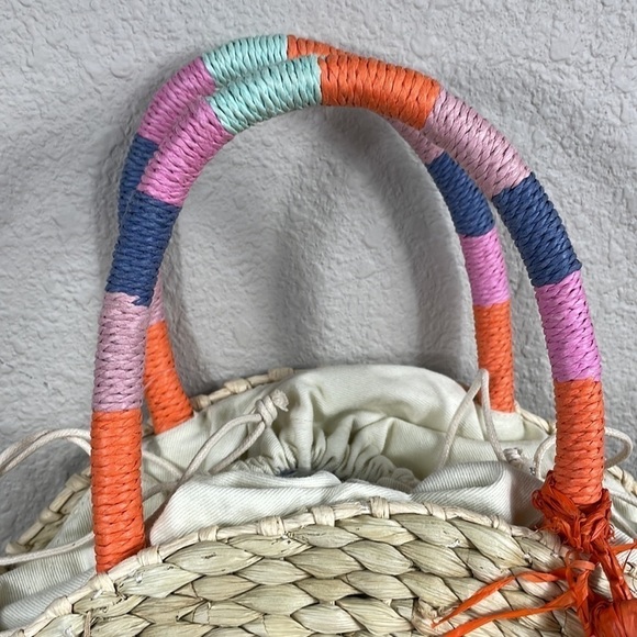 Nordstrom Joni Circular Raffia Straw Woven Bag Beach Boho Summer Tassel - Picture 5 of 15